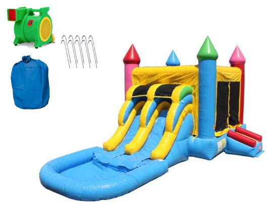 Moonwalk USA Inflatable Bouncers 2-Lane Rainbow Castle Combo with Pool - Wet n Dry C-181