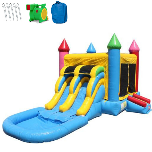 Moonwalk USA Commercial Bounce House 2-Lane Rainbow Castle Combo with Pool - Wet n Dry C-181