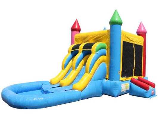 Moonwalk USA Inflatable Bouncers 2-Lane Rainbow Castle Combo with Pool - Wet n Dry C-181