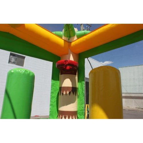 inflatable obstacles and basketball hoop inside of the bounce house