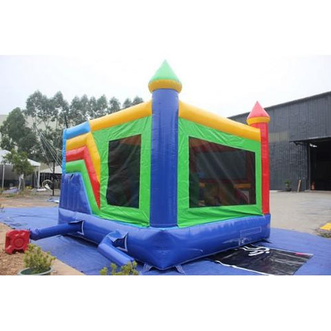 outside view of the rainbow castle combo with slide