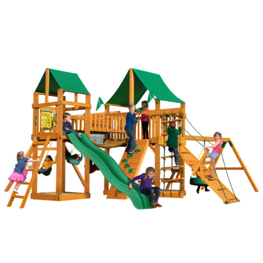 Gorilla Playsets Pioneer Peak Wooden Swing Set with Deluxe Green Vinyl Canopy