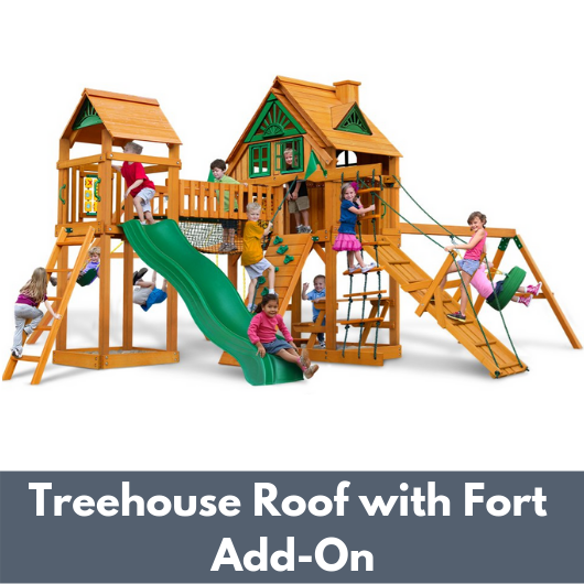 Gorilla Playsets Pioneer Peak Wooden Swing Set with Wood Treehouse Roof with Fort Add-On