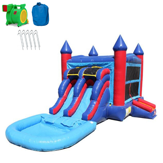 Moonwalk USA Commercial Bounce House 2-Lane Red n Blue Castle Combo with Pool - Wet n Dry C-184