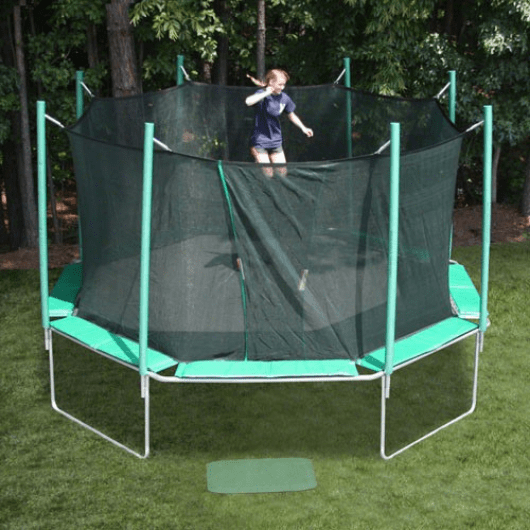 bouncing on the magic circle trampoline with safety enclosure