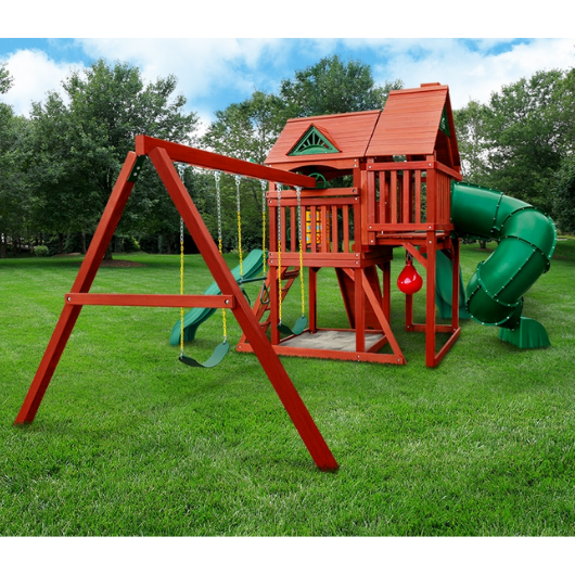 side view of the gorilla five star deluxe wooden swing set