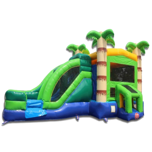 tropical commercial bounce house with slide and palm trees